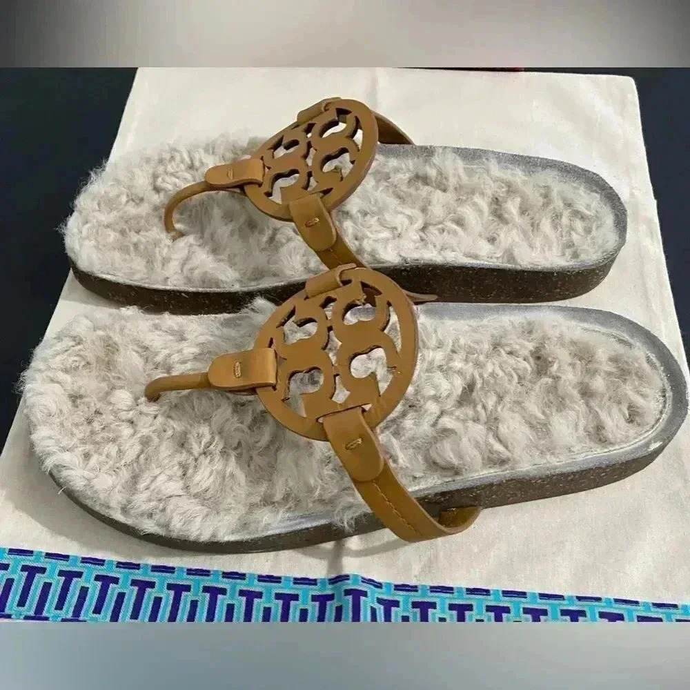 Tory Burch Miller Sandals Size 10.5 Leather Cloud Shearling Neutral Box Dust Bag - Picture 9 of 13